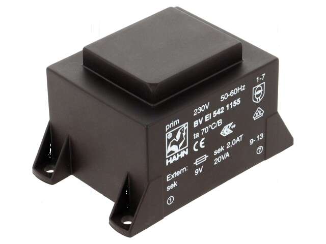 Transformator: ingegoten; 20VA; 230VAC; 9V; 2223mA; PCB; BVEI Transformator: ingegoten; 20VA; 230VAC; 9V; 2223mA; PCB; BVEI